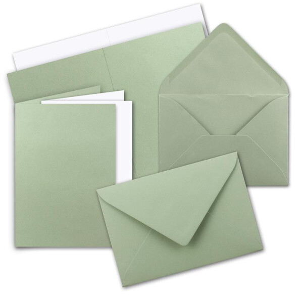 100x Faltkarten Set DIN A5 in Eukalyptus Grün inkl. Umschlägen DIN C5 und passenden Einlegeblättern in Weiß - blanko Klappkarten 14,8 x 21 cm