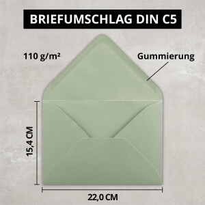 100x Faltkarten Set DIN A5 in Eukalyptus Grün inkl. Umschlägen DIN C5 und passenden Einlegeblättern in Weiß - blanko Klappkarten 14,8 x 21 cm