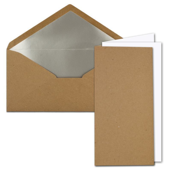 150x Faltkarten-Set DIN Lang inkl. Briefumschlägen mit silbernem Seidenfutter und weißen Einlegeblättern in Vintage Kraftpapier Sandbraun (Braun) - 10,5 x 21 cm - für Einladungen und Grußkarten