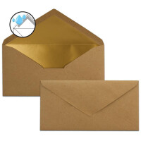 150x Faltkarten-Set DIN Lang inkl. Briefumschlägen mit goldenem Seidenfutter und weißen Einlegeblättern in Vintage Kraftpapier Sandbraun (Braun) - 10,5 x 21 cm - für Einladungen und Grußkarten