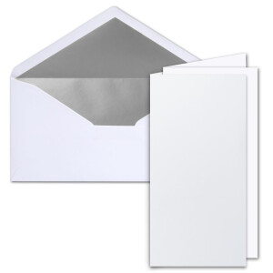 10x Faltkarten-Set DIN Lang inkl. Briefumschlägen mit silbernem Seidenfutter und weißen Einlegeblättern in Hochweiß (Weiß) - 10,5 x 21 cm - für Einladungen und Grußkarten