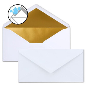 25x Faltkarten-Set DIN Lang inkl. Briefumschlägen mit goldenem Seidenfutter und weißen Einlegeblättern in Hochweiß (Weiß) - 10,5 x 21 cm - für Einladungen und Grußkarten