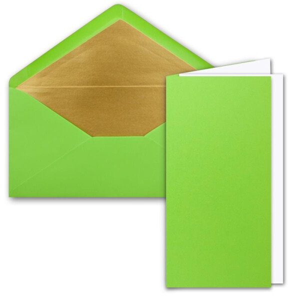 25x Faltkarten-Set DIN Lang inkl. Briefumschlägen mit goldenem Seidenfutter und weißen Einlegeblättern in Hellgrün (Grün) - 10,5 x 21 cm - für Einladungen und Grußkarten