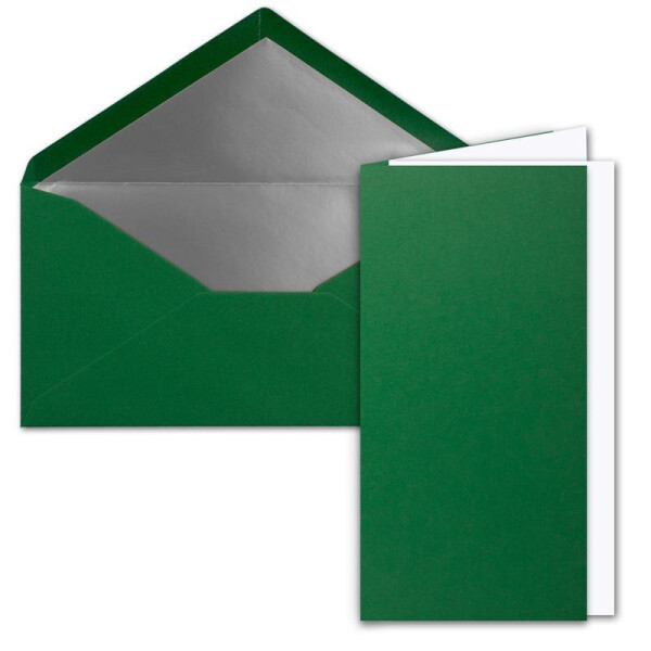 25x Faltkarten-Set DIN Lang inkl. Briefumschlägen mit silbernem Seidenfutter und weißen Einlegeblättern in Dunkelgrün (Grün) - 10,5 x 21 cm - für Einladungen und Grußkarten