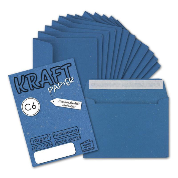 25x Briefumschläge DIN C6 Kraftpapier - Blau - Vintage Recycling Kuverts mit Haftklebung - 114 x 162 mm