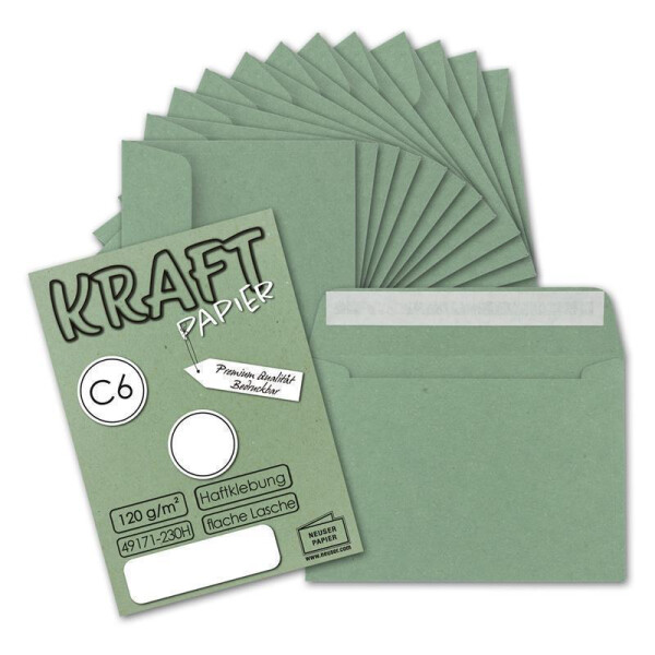 75x Briefumschläge DIN C6 Kraftpapier - Grün - Vintage Recycling Kuverts mit Haftklebung - 114 x 162 mm