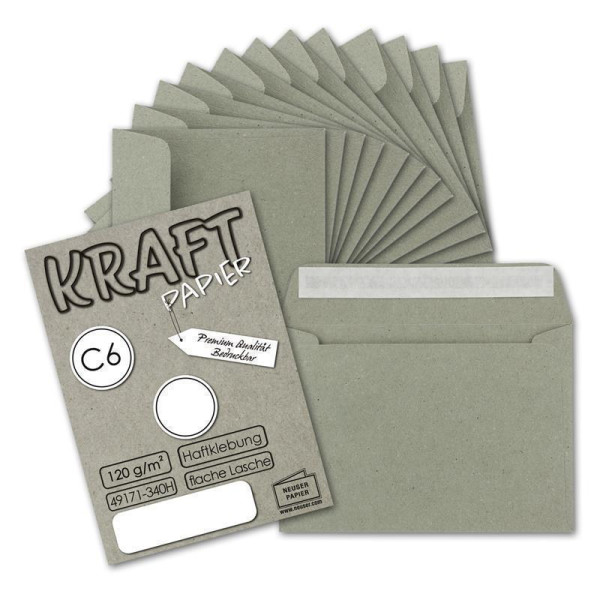 75x Briefumschläge DIN C6 Kraftpapier - Grau - Vintage Recycling Kuverts mit Haftklebung - 114 x 162 mm