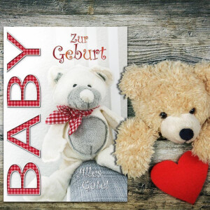 XXL Glückwunschkarte Baby zur Geburt DIN A4 - große Babykarte - 2 Stück - Set mit großem Umschlag DIN C4 - Teddybär mit Halstuch - unisex, für Jungen und Mädchen