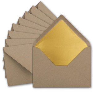 10x metallic Gold-gefütterte Brief-Umschläge DIN C5, Cappuccino (Braun) - 156 x 220 mm - Nassklebung mit spitzer Klappe - FarbenFroh by GUSTAV NEUSER