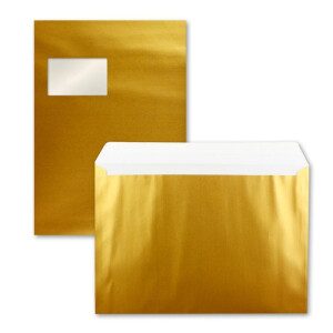 10x große XXL Briefumschläge DIN C4 in Gold Metallic - 22,9 x 32,4 cm - Haftklebung mit Fenster - Versandtasche für DIN A4 geeignet
