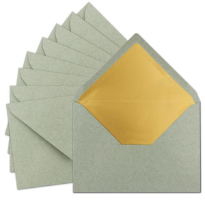 300x DIN C5 Kuverts 15,6 x 22 cm aus Kraft-Papier in Naturgrau (Grau) mit goldenem Seidenfutter - Nassklebung - Blanko Brief-Umschläge aus Recycling-Papier - Serie UmWelt