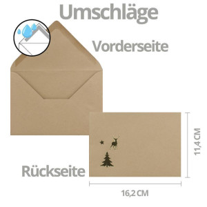 150x Weihnachtskarten-Set DIN A6 mit Elch-Motiv - Faltkarten mit passenden Umschlägen DIN C6 in Kraftpapier Sandbraun mit goldenen Motiven - Weihnachtsgrüße für Firmen und Privat