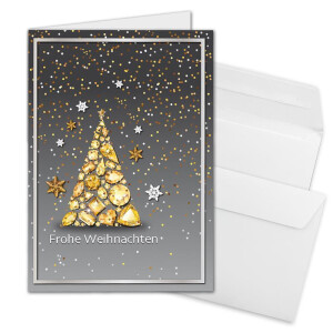 200x Weihnachtskarten-Set DIN A6 in Grau mit Motiv Edelstein-Weihnachtsbaum - Faltkarten mit passenden Umschlägen DIN C6 in Hochweiß mit Haftklebung - Weihnachtsgrüße für Firmen und Privat