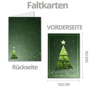 10x Weihnachtskarten-Set DIN A6 mit grünem Weihnachtsbaum in Glasmosaik-Optik - Faltkarten mit passenden Umschlägen DIN C6 in Hochweiß mit Haftklebung - Weihnachtsgrüße für Firmen und Privat