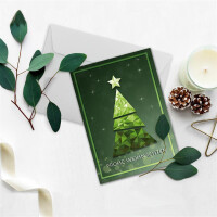 10x Weihnachtskarten-Set DIN A6 mit grünem Weihnachtsbaum in Glasmosaik-Optik - Faltkarten mit passenden Umschlägen DIN C6 in Hochweiß mit Haftklebung - Weihnachtsgrüße für Firmen und Privat