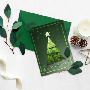 10x Weihnachtskarten-Set DIN A6 mit grünem Weihnachtsbaum in Glasmosaik-Optik - Faltkarten mit Umschlägen DIN C6 in Grün mit Nassklebung - Weihnachtsgrüße für Firmen und Privat