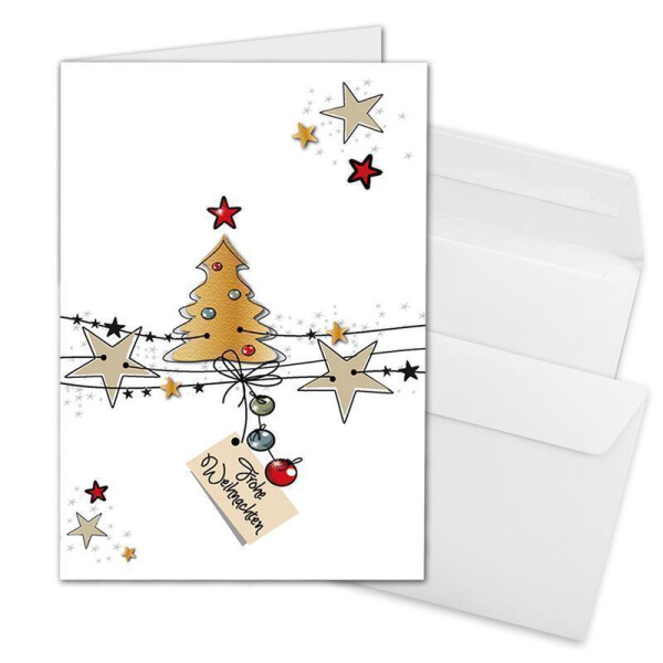200x Weihnachtskarten-Set DIN A6 in Weiß mit Weihnachtsbaum und Sternen - Faltkarten mit passenden Umschlägen DIN C6 in Hochweiß mit Haftklebung - Weihnachtsgrüße für Firmen und Privat