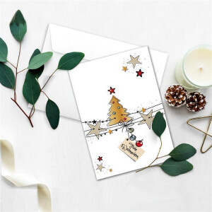 200x Weihnachtskarten-Set DIN A6 in Weiß mit Weihnachtsbaum und Sternen - Faltkarten mit passenden Umschlägen DIN C6 in Hochweiß mit Haftklebung - Weihnachtsgrüße für Firmen und Privat