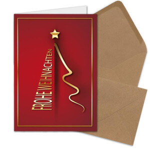 20x Weihnachtskarten-Set DIN A6 in Rot mit goldenem Weihnachtsbaum - Faltkarten mit Umschlägen DIN C6 in Kraftpapier Sandbraun mit Nassklebung - Weihnachtsgrüße für Firmen und Privat