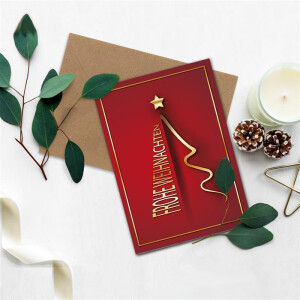 20x Weihnachtskarten-Set DIN A6 in Rot mit goldenem Weihnachtsbaum - Faltkarten mit Umschlägen DIN C6 in Kraftpapier Sandbraun mit Nassklebung - Weihnachtsgrüße für Firmen und Privat