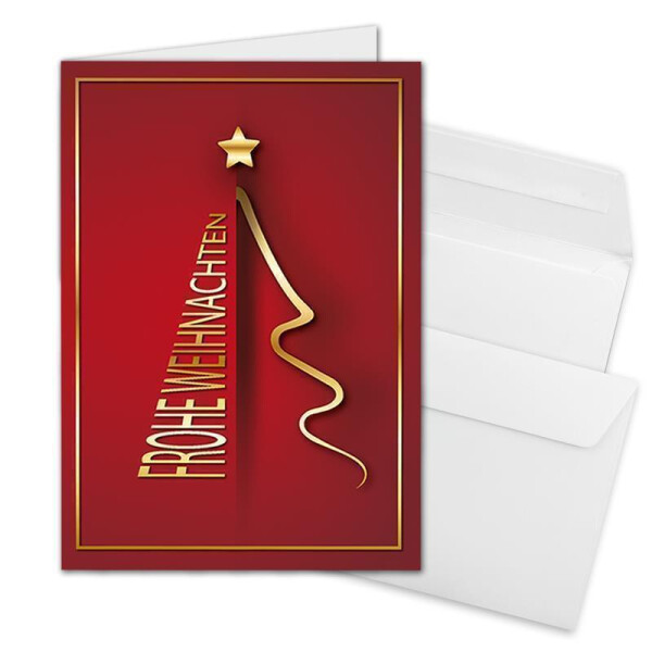 10x Weihnachtskarten-Set DIN A6 in Rot mit goldenem Weihnachtsbaum - Faltkarten mit passenden Umschlägen DIN C6 in Hochweiß mit Haftklebung - Weihnachtsgrüße für Firmen und Privat