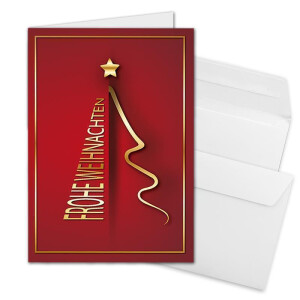 10x Weihnachtskarten-Set DIN A6 in Rot mit goldenem Weihnachtsbaum - Faltkarten mit passenden Umschlägen DIN C6 in Hochweiß mit Haftklebung - Weihnachtsgrüße für Firmen und Privat