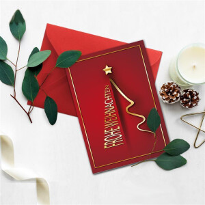 10x Weihnachtskarten-Set DIN A6 in Rot mit goldenem Weihnachtsbaum - Faltkarten mit Umschlägen DIN C6 in Rot mit Nassklebung - Weihnachtsgrüße für Firmen und Privat