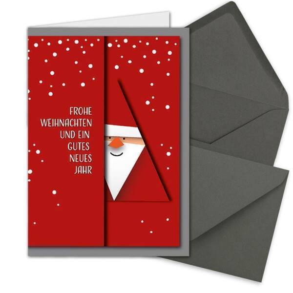 15x Weihnachtskarten-Set DIN A6 mit rotem Weihnachtsmann Motiv - Faltkarten mit Umschlägen DIN C6 in Anthrazit (Grau) mit Nassklebung - Weihnachtsgrüße für Firmen und Privat