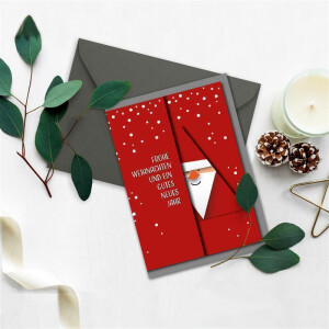 15x Weihnachtskarten-Set DIN A6 mit rotem Weihnachtsmann Motiv - Faltkarten mit Umschlägen DIN C6 in Anthrazit (Grau) mit Nassklebung - Weihnachtsgrüße für Firmen und Privat