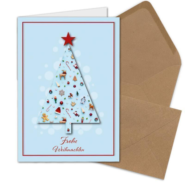 10x Weihnachtskarten-Set DIN A6 mit hellblauem Weihnachtsbaum und Winter-Symbolen - Faltkarten mit Umschlägen DIN C6 Kraftpapier Sandbraun mit Nassklebung - Weihnachtsgrüße für Firmen und Privat