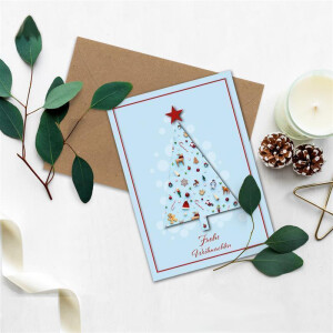 10x Weihnachtskarten-Set DIN A6 mit hellblauem Weihnachtsbaum und Winter-Symbolen - Faltkarten mit Umschlägen DIN C6 Kraftpapier Sandbraun mit Nassklebung - Weihnachtsgrüße für Firmen und Privat