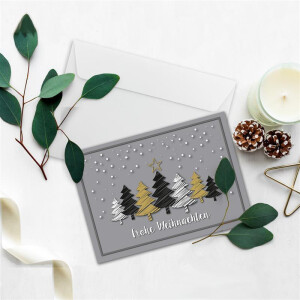 10x Weihnachtskarten-Set DIN A6 in Grau mit Weihnachtsbäumen in Scratch-Optik - Faltkarten mit passenden Umschlägen DIN C6 Hochweiß mit Haftklebung - Weihnachtsgrüße für Firmen und Privat