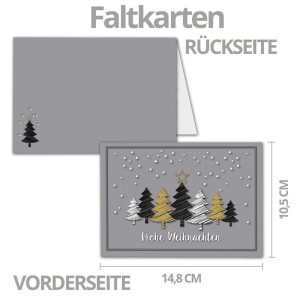 10x Weihnachtskarten-Set DIN A6 in Grau mit Weihnachtsbäumen in Scratch-Optik - Faltkarten mit passenden Umschlägen DIN C6 Hochweiß mit Haftklebung - Weihnachtsgrüße für Firmen und Privat