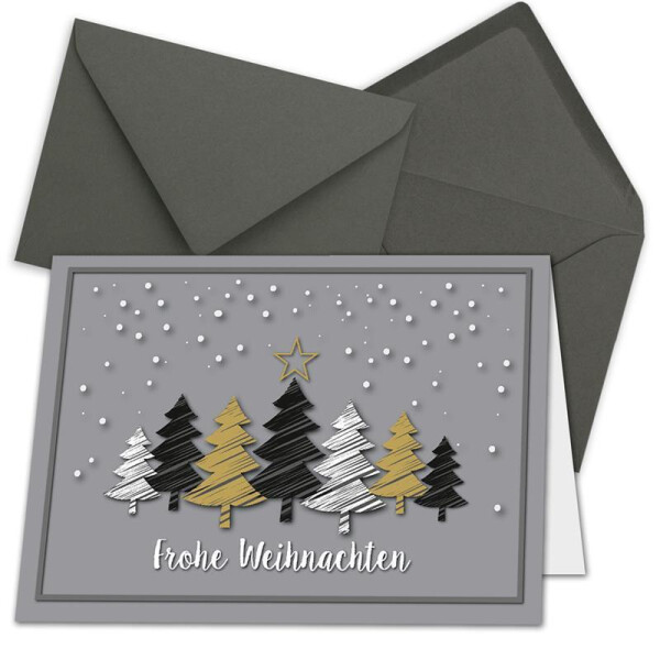 10x Weihnachtskarten-Set DIN A6 in Grau mit Weihnachtsbäumen in Scratch-Optik - Faltkarten mit Umschlägen DIN C6 Anthrazit mit Nassklebung - Weihnachtsgrüße für Firmen und Privat