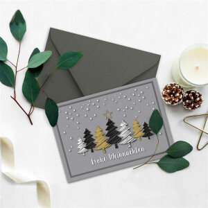 10x Weihnachtskarten-Set DIN A6 in Grau mit Weihnachtsbäumen in Scratch-Optik - Faltkarten mit Umschlägen DIN C6 Anthrazit mit Nassklebung - Weihnachtsgrüße für Firmen und Privat