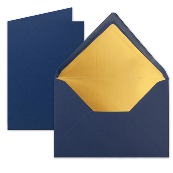 50 Sets - Faltkarten DIN A5 - Dunkelblau (Blau) mit Umschläge DIN C5 mit Gold Metallic Futter - 14,8 x 21 cm - FarbenFroh by GUSTAV NEUSER