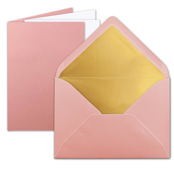 200 Sets - Faltkarten DIN A5 - Altrosa (Rosa) mit Umschläge DIN C5 mit Gold Metallic Futter und weißen Einleger - 14,8 x 21 cm - FarbenFroh by GUSTAV NEUSER