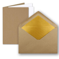 200 Sets - Faltkarten DIN A5 - Sandbraun (Kraftpapier) mit Umschläge DIN C5 mit Gold Metallic Futter und weißen Einleger - 14,8 x 21 cm - FarbenFroh by GUSTAV NEUSER