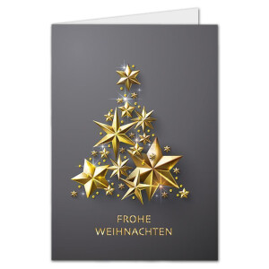 15x Weihnachtskarte DIN A6 in Grau mit goldenem Weihnachtsbaum aus Sternen - Faltkarten mit Weihnachts- 10,5 x 14,8 cm - Weihnachtsgrüße für Firmen und Privat