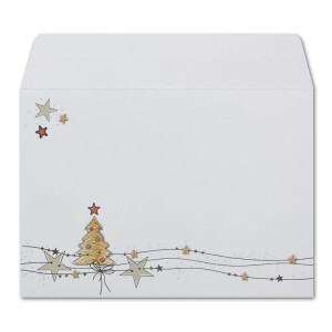 50x Briefumschläge DIN C6 in Weiß mit Weihnachtsbaum und Sternen - Haftklebung mit Abziehstreifen - 114 x 162 mm - 80 g/m² - Weihnachtsumschläge mit Motiv für Firmen und Privat