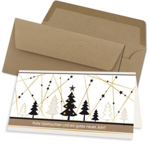 10x Weihnachtskarten-Set DIN Lang in Weiß mit Weihnachtsbäumen und Sternen - Faltkarten mit Umschlägen DIN Lang Kraftpapier Sandbraun mit Nassklebung - Weihnachtsgrüße für Firmen und Privat