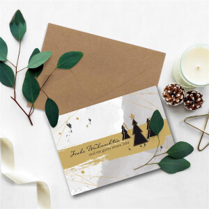 100x Weihnachtskarten-Set DIN A6 in Grau mit Weihnachtsbäumen und Text - Faltkarten mit Umschlägen DIN C6 Kraftpapier Sandbraun mit Nassklebung - Weihnachtsgrüße für Firmen und Privat