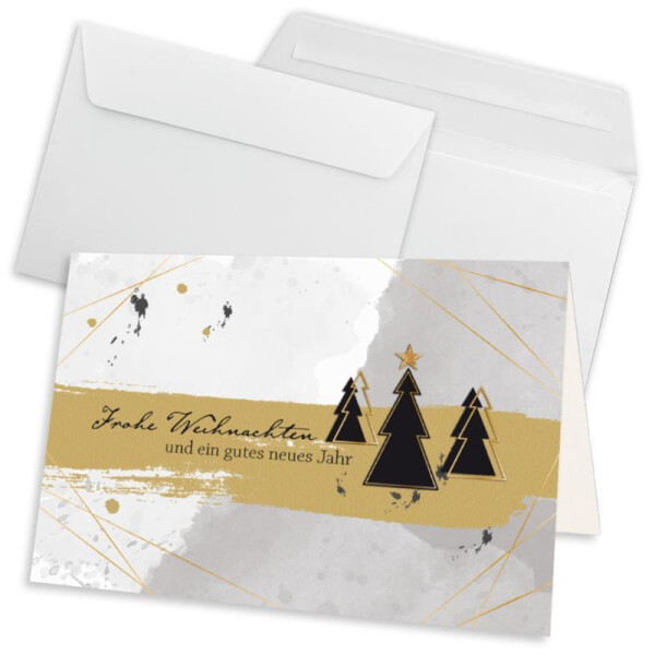 20x Weihnachtskarten-Set DIN A6 in Grau mit Weihnachtsbäumen und Text - Faltkarten mit passenden Umschlägen DIN C6 Hochweiß mit Haftklebung - Weihnachtsgrüße für Firmen und Privat