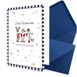 10x Weihnachtskarten-Set DIN A6 in Weiß mit Weihnachtsfiguren und Text - Faltkarten mit Umschlägen DIN C6 Dunkelblau mit Nassklebung - Weihnachtsgrüße für Firmen und Privat
