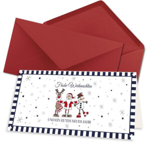 15x Weihnachtskarten-Set DIN Lang in Weiß mit Weihnachtsfiguren und Text - Faltkarten mit Umschlägen DIN Lang Dunkelrot (Rot) mit Nassklebung - Weihnachtskarten für Firmen und Privat