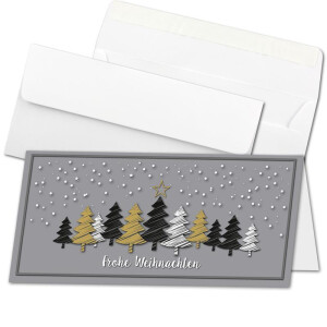 10x Weihnachtskarten-Set DIN Lang in Grau mit Weihnachtsbäumen in Scratch-Optik - Faltkarten mit passenden Umschlägen DIN Lang Hochweiß mit Haftklebung - Weihnachtsgrüße für Firmen und Privat