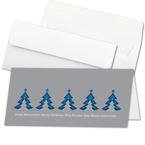 200x Weihnachtskarten-Set DIN Lang in Grau mit blauen Tannenbäumen und Text - Faltkarten mit passenden Umschlägen DIN Lang Hochweiß mit Haftklebung - Weihnachtsgrüße für Firmen und Privat