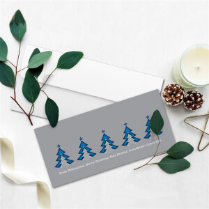 200x Weihnachtskarten-Set DIN Lang in Grau mit blauen Tannenbäumen und Text - Faltkarten mit passenden Umschlägen DIN Lang Hochweiß mit Haftklebung - Weihnachtsgrüße für Firmen und Privat