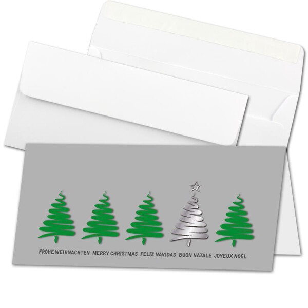 10x Weihnachtskarten-Set DIN Lang in Grau mit grünen Tannenbäumen und Text - Faltkarten mit passenden Umschlägen DIN Lang Hochweiß mit Haftklebung - Weihnachtsgrüße für Firmen und Privat