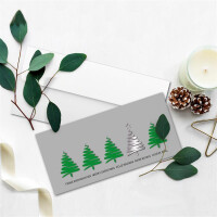 10x Weihnachtskarten-Set DIN Lang in Grau mit grünen Tannenbäumen und Text - Faltkarten mit passenden Umschlägen DIN Lang Hochweiß mit Haftklebung - Weihnachtsgrüße für Firmen und Privat